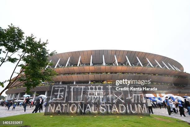 Fans arrive at the stadium prior to the international friendly match between Japan and Brazil at National Stadium on June 6, 2022 in Tokyo, Japan.