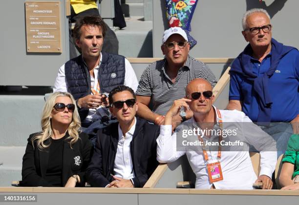 Maxime Saada, chairman of Canal Plus , above left Yannick Bollore attend the men's final on day 15 of the French Open 2022 held at Stade Roland...