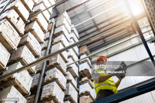 worker with tablet pc checking inventory standing by railing in warehouse - gestión de inventarios fotografías e imágenes de stock