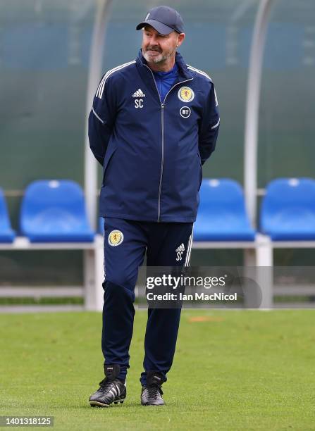 Scotland Head Coach Steve Clarke over sees a training session at Oriam High Performance Centre on June 04, 2022 in Edinburgh, Scotland.