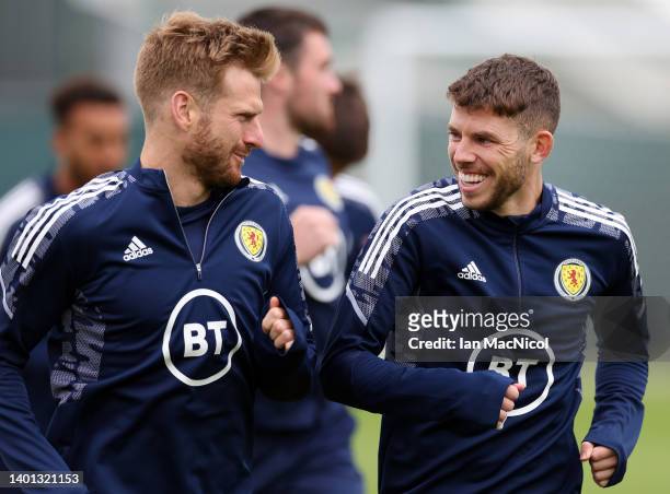Stuart Armstrong and Ryan Christie are seen during a Scotland training session ahead of their European Nations league fixtures at Oriam High...