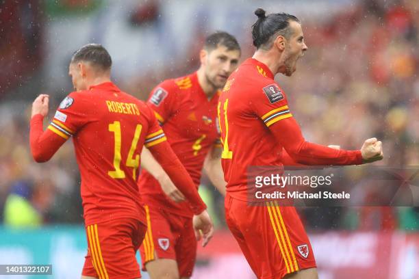 Gareth Bale of Wales celebrates after Andriy Yarmolenko of Ukraine scored an own goal which leads to Wales' first goal during the FIFA World Cup...