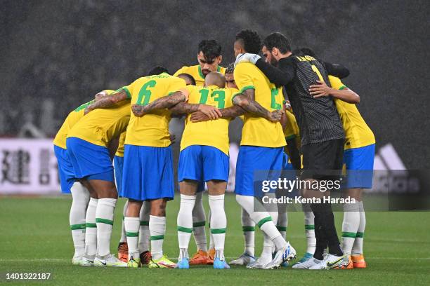 Brazil players huddle prior to the international friendly match between Japan and Brazil at National Stadium on June 6, 2022 in Tokyo, Japan.
