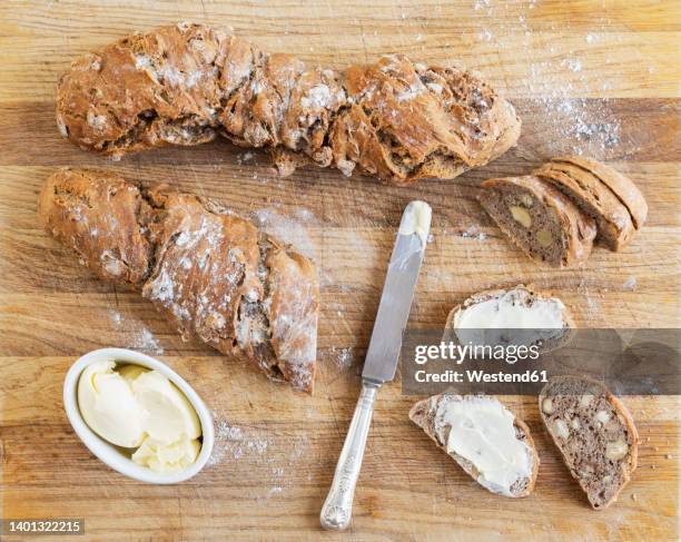 fresh homemade pain paillasse bread with nuts - pain baguette stock pictures, royalty-free photos & images