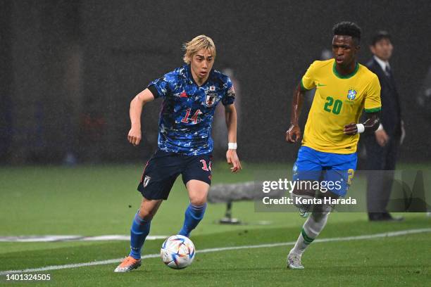 Junya Ito of Japan in action during the international friendly match between Japan and Brazil at National Stadium on June 6, 2022 in Tokyo, Japan.