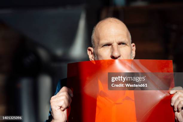 businessman holding red cellophane on sunny day - celofán fotografías e imágenes de stock