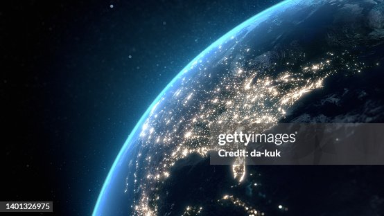 Flying over USA at night with city light illumination. View from space. 3D render Flying over USA at night with city light illumination. View from space. 3D render