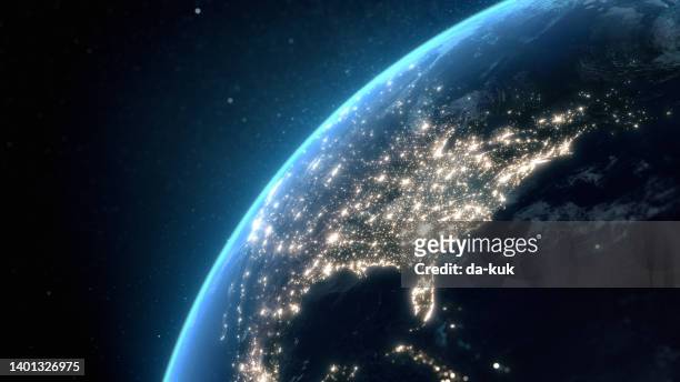 flying over usa at night with city light illumination. view from space. 3d render - usa bildbanksfoton och bilder