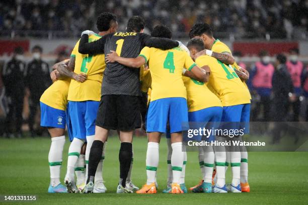 Brazil players huddle prior to the international friendly match between Japan and Brazil at National Stadium on June 6, 2022 in Tokyo, Japan.