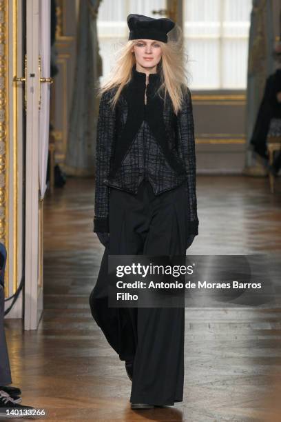 Model walks the runway before the Moon Young Hee Ready-To-Wear Fall/Winter 2012 show as part of Paris Fashion Week at Galerie Nikki Diana Marquardt...