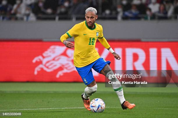 Neymar Jr. Of Brazil in action during the international friendly match between Japan and Brazil at National Stadium on June 6, 2022 in Tokyo, Japan.