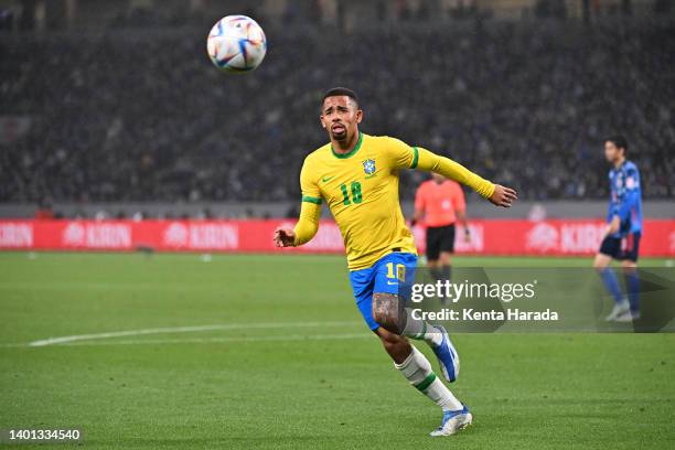 Gabriel Jesus of Brazil in action during the international friendly match between Japan and Brazil at National Stadium on June 6, 2022 in Tokyo,...