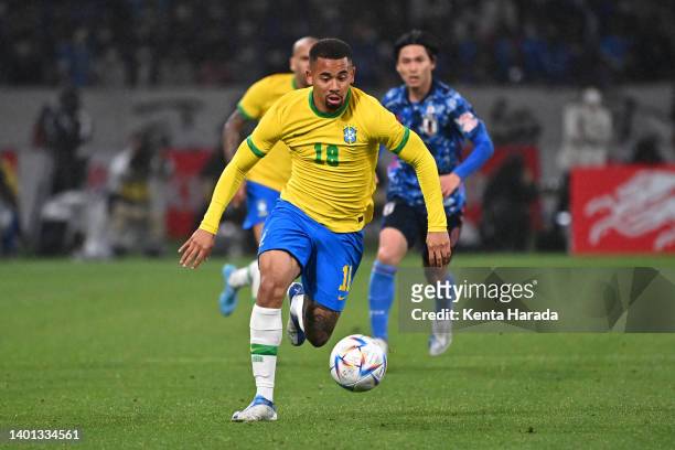 Gabriel Jesus of Brazil in action during the international friendly match between Japan and Brazil at National Stadium on June 6, 2022 in Tokyo,...