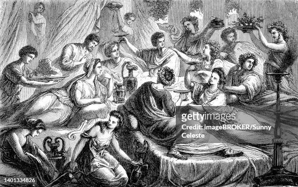stockillustraties, clipart, cartoons en iconen met the banquet of a noble roman in ancient rome, history of ancient rome, roman empire, italy, historical, digitally restored reproduction of a 19th century original - banket