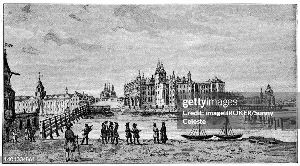 the electoral palace at coelln on the spree in 1690, alt-koelln is a historic district in present-day berlin, germany, historic, digitally restored reproduction of a 19th century original, exact date unknown - alt stock illustrations