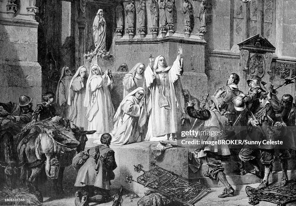 Frauenchiemsee Monastery, Germany, 1640, Abbess Magdalena prevents the destruction of the monastery by the Swedes, Historical, digitally restored reproduction of a 19th century original