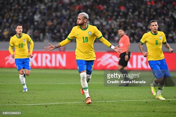 Neymar Jr. Of Brazil celebrates scoring his side's first goal during the international friendly match between Japan and Brazil at National Stadium on...