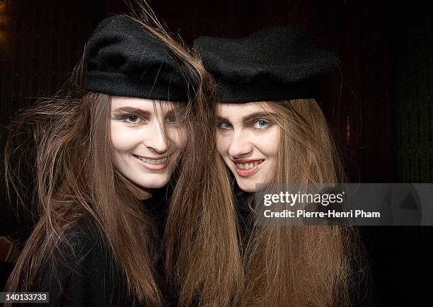 Models pose backstage before the Moon Young Hee Ready-To-Wear Fall/Winter 2012 show as part of Paris Fashion Week at Galerie Nikki Diana Marquardt on...