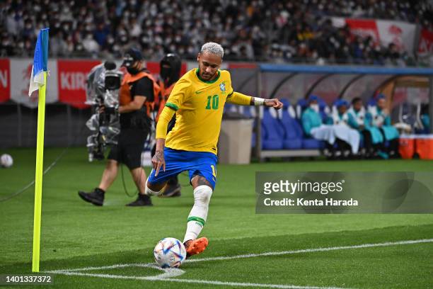 Neymar Jr. Of Brazil takes a corner kick during the international friendly match between Japan and Brazil at National Stadium on June 6, 2022 in...