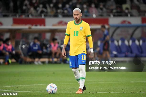 Neymar Jr. Of Brazil in action during the international friendly match between Japan and Brazil at National Stadium on June 6, 2022 in Tokyo, Japan.
