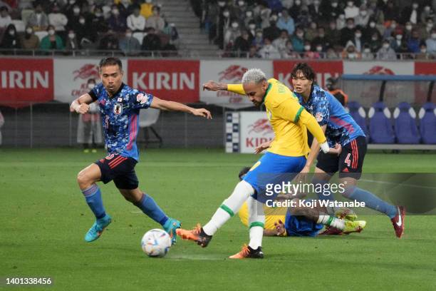 Neymar Jr. Of Brazil shoots at goal during the international friendly match between Japan and Brazil at National Stadium on June 6, 2022 in Tokyo,...