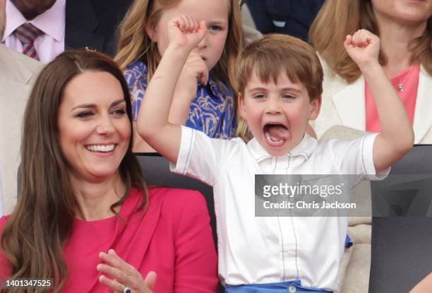 Catherine, Duchess of Cambridge and Prince Louis of Cambridge watch the Platinum Jubilee Pageant from the Royal Box during the Platinum Jubilee...