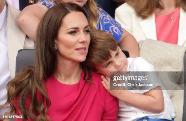 Catherine, Duchess of Cambridge and Prince Louis of Cambridge watch the Platinum Jubilee Pageant from the Royal Box during the Platinum Jubilee...