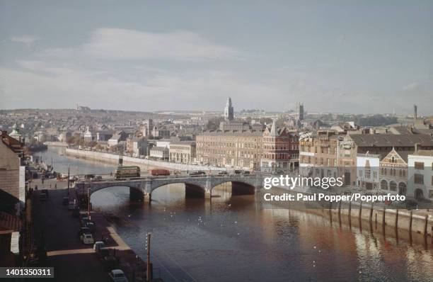 Aerial view from above Anderson's Quay of traffic crossing St Patrick's Bridge over the River Lee in the city of Cork in County Cork, Ireland, circa...