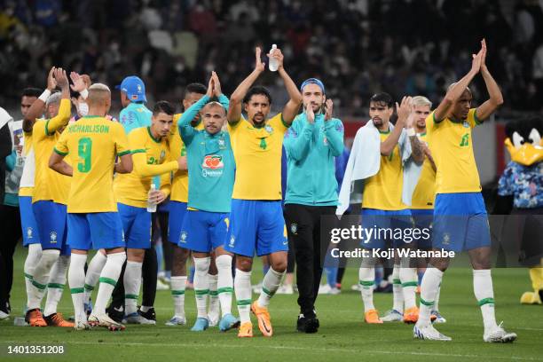 Brazil players applaud fans after the international friendly match between Japan and Brazil at National Stadium on June 6, 2022 in Tokyo, Japan.