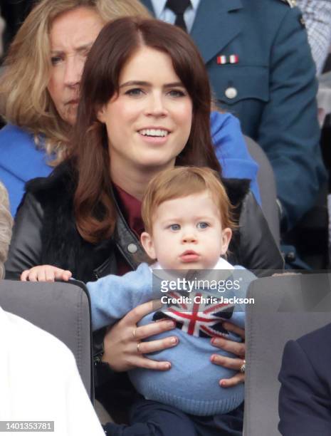 Princess Eugenie and August Brooksbank watch the Platinum Jubilee Pageant from the Royal Box during the Platinum Jubilee Pageant on June 05, 2022 in...