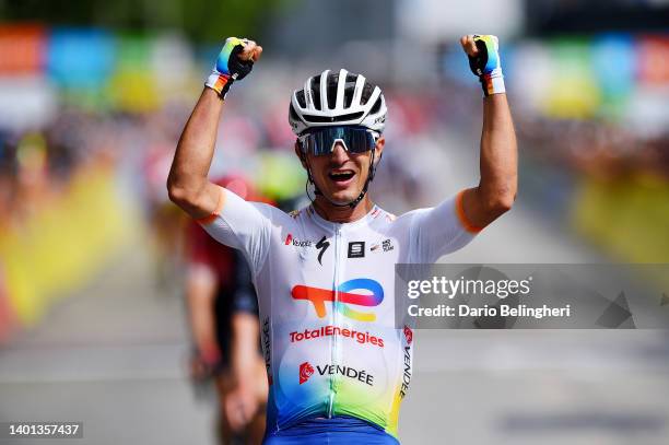 Alexis Vuillermoz of France and Team Total Energies celebrates winning during the 74th Criterium du Dauphine 2022 - Stage 2 a 169,8km stage from...