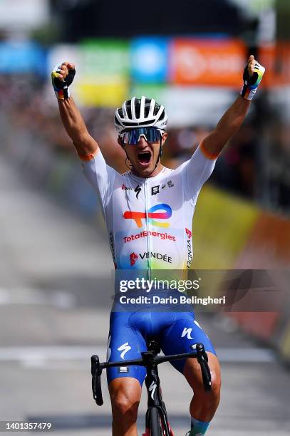 Alexis Vuillermoz of France and Team Total Energies celebrates winning during the 74th Criterium du Dauphine 2022 - Stage 2 a 169,8km stage from...