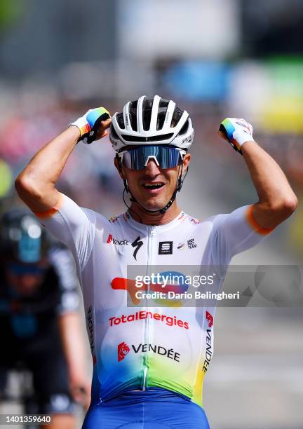 Alexis Vuillermoz of France and Team Total Energies celebrates winning during the 74th Criterium du Dauphine 2022 - Stage 2 a 169,8km stage from...