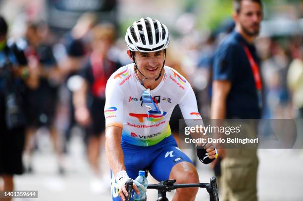 Alexis Vuillermoz of France and Team Total Energies celebrates winning during the 74th Criterium du Dauphine 2022 - Stage 2 a 169,8km stage from...