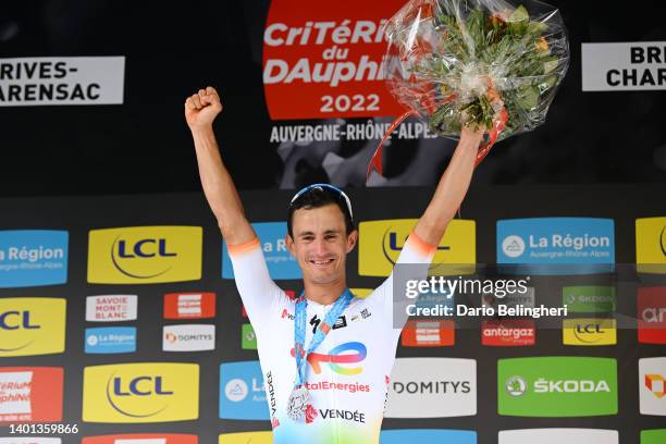 Alexis Vuillermoz of France and Team Total Energies celebrates winning the stage on the podium ceremony after the 74th Criterium du Dauphine 2022 -...