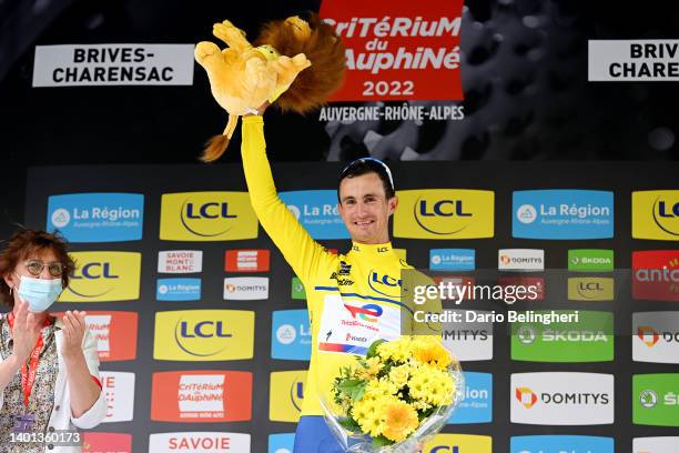 Alexis Vuillermoz of France and Team Total Energies celebrates winning the Yellow Leader Jersey on the podium ceremony after the 74th Criterium du...