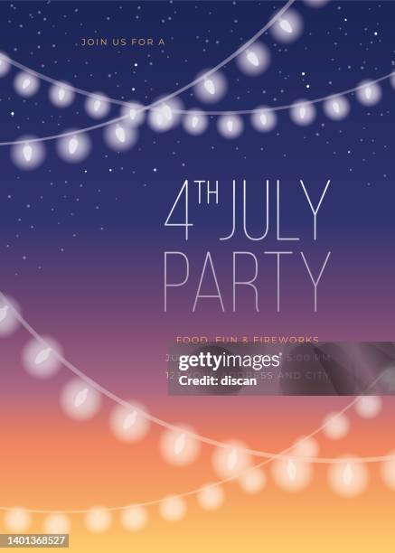fourth of july party invitation template with string lights. - fourth of july party stock illustrations