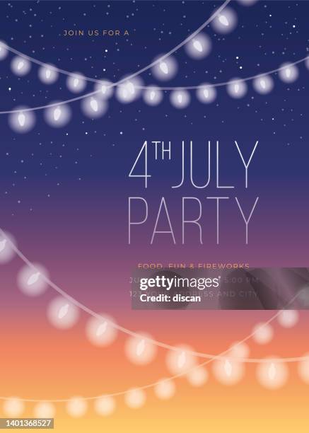 fourth of july party invitation template with string lights. - postcard template stock illustrations