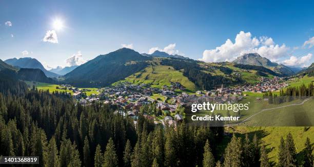 aerial view of a mountain village - vorarlberg stock pictures, royalty-free photos & images