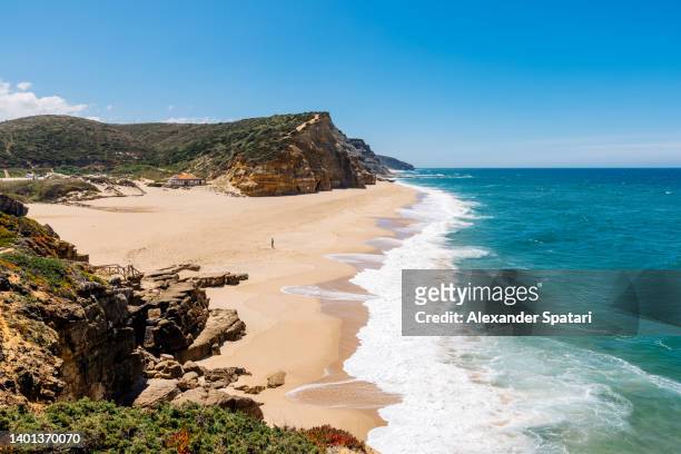 aerial view of praia de sao juliao beach in sintra municipality, portugal - portugal landscape stock pictures, royalty-free photos & images