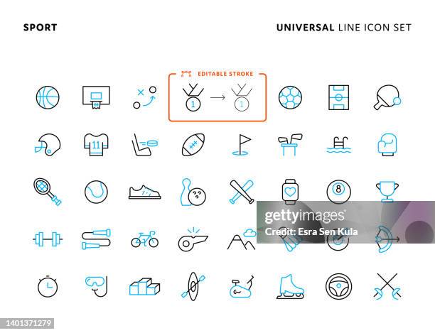 illustrazioni stock, clip art, cartoni animati e icone di tendenza di universal sport set di icone a due linee di colore con tratto modificabile. le icone sono adatte per la progettazione di pagine web, app mobili, interfaccia utente, ux e gui. - basket icon