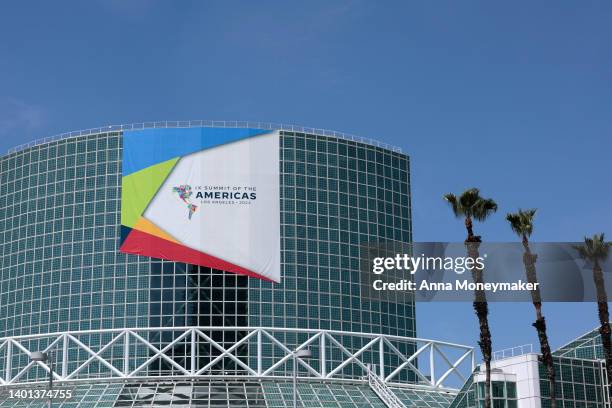Banner hangs on the Los Angeles Convention Center, the location for the Ninth Summit of the Americas on June 05, 2022 in Los Angeles, California....
