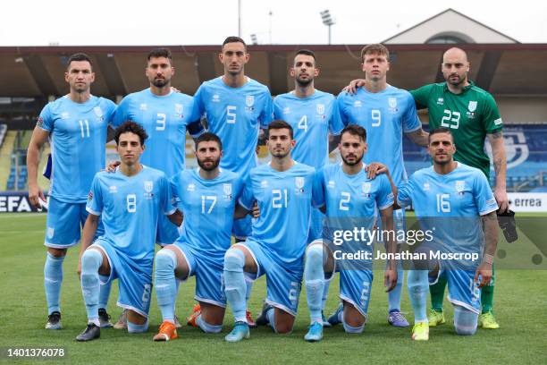 The San Marino starting eleven line up for a team photo, back row ; Dante Rossi, Mirko Palazzi, Michele Cevoli, Luca Ceccaroli, Nicola Nanni and Elia...