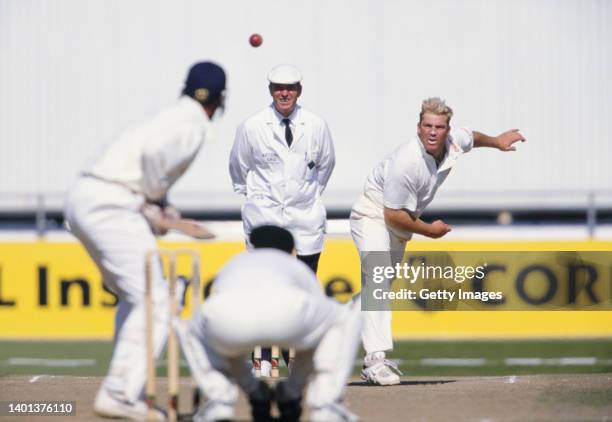 Australia leg spinner Shane Warne in bowling action during the Third Ashes Test Match against England at Old Trafford, on June 6th, 1997 in...