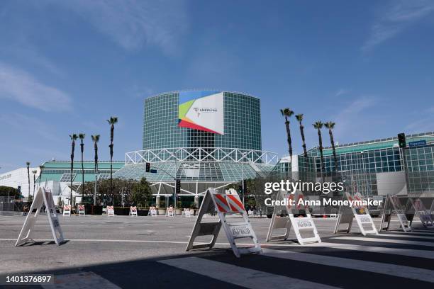 Street closure signs are seen in front of the Los Angeles Convention Center, the location for the Ninth Summit of the Americas on June 05, 2022 in...