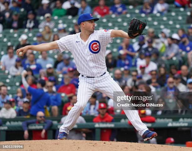 Matt Swarmer of the Chicago Cubs throws a pitch against the St. Louis Cardinals at Wrigley Field on June 04, 2022 in Chicago, Illinois.