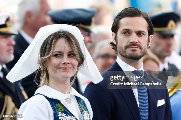 Princess Sofia of Sweden and Prince Carl Philip of Sweden participate in a ceremony celebrating Sweden's national day at Skansen on June 06, 2022 in...