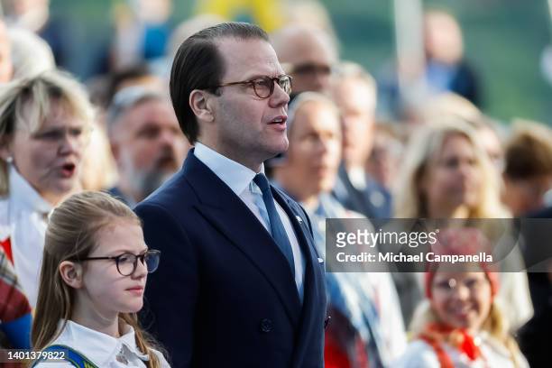Princess Estelle of Sweden and Prince Daniel of Sweden participate in a ceremony celebrating Sweden's national day at Skansen on June 06, 2022 in...