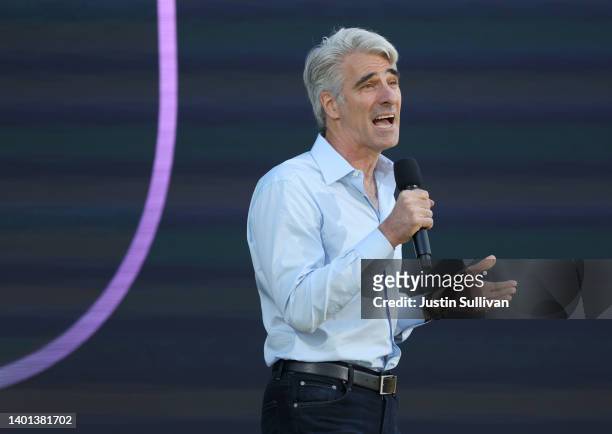 Apple senior vice president of software engineering Craig Federighi speaks during the WWDC22 at Apple Park on June 06, 2022 in Cupertino, California....