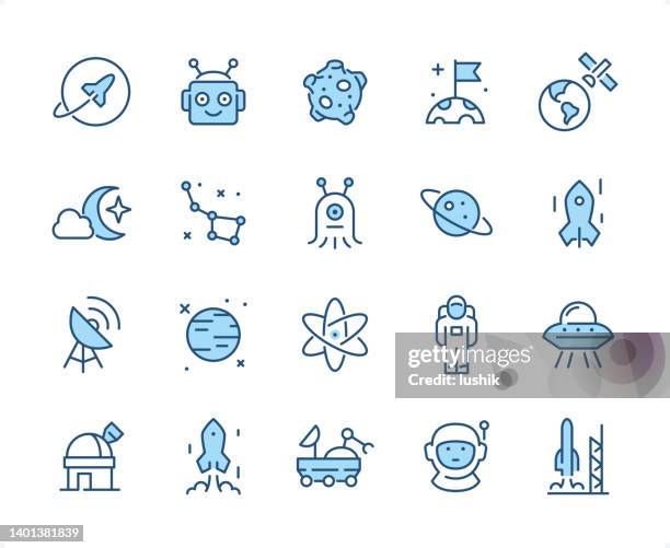 illustrazioni stock, clip art, cartoni animati e icone di tendenza di set di icone di spazio. spessore del tratto modificabile. pixel icone dicromatiche perfette. - astronauta bandiera